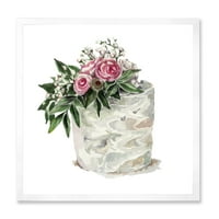 עיצוב 'פרחים לבנים ורדים ורדים על עוגה' הדפס אמנות ממוסגר מסורתי