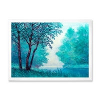 עיצוב אמנות 'רושם עץ בצבע כחול על ידי ריברסייד' הדפסת אמנות ממוסגרת של בית האגם