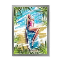 עיצוב אמנות 'דיוקן דוגמנית בלונדינית יפה בחוף שיזוף' הדפס אמנות ממוסגר ימי וחוף