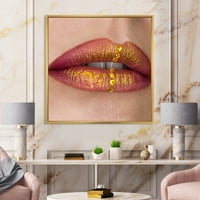 עיצוב אמנות 'אישה שפות תקריב עם אדום שפתון, זהב צבע' מודרני ממוסגר בד קיר אמנות הדפסה