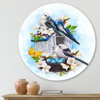 עיצוב אמנות 'שתי ציפורי ציצי יושבות ליד הקן עם ביצים ופרחים לבנים ב' אמנות קיר מתכת מעגל מסורתית-דיסק
