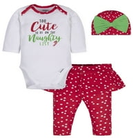 תינוקת גרבר תינוקת לחג המולד בגדים גופניים, מכנסיים וכובע חצאית, סט תלבושת 3-PC