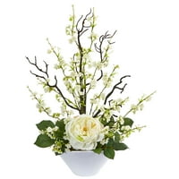 סידור פרחים מלאכותי של ורד ודובדבן כמעט טבעי, לבן
