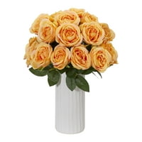 סידור פרחים מלאכותי של ורד כמעט טבעי באגרטל לבן, צהוב
