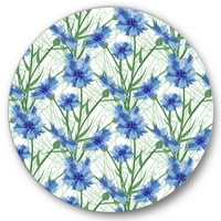 עיצוב פרחי תירס כחולים עם עלים ירוקים על לבן אמנות קיר מתכת מעגל מסורתית - דיסק של 11