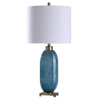 מלדון כחול - מנורת שולחן זכוכית כחולה אמנותית 34 אינץ ' עם בסיס פלדה מוברש ומבטאים-גוון לבן