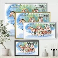 עיצוב 'עגלת' בשלג עם סוסים מנוצלים 'בית חווה ממוסגר הדפס אמנות קיר