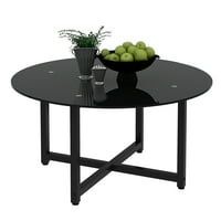 Aukfa עגול זכוכית מחוסמת שולחן קפה שולחן צינור מתכת רגליים קצה שולחן לסלון, שחור