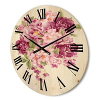 שעון קיר עץ מסורתי 'זר פרחי רטרו ורוד'