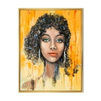 עיצוב 'פרצוף ילדה עם עיניים ירוקות והרשמת שיער שחור' מודרני מודרני הדפס אמנות קיר קיר