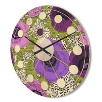 עיצוב 'פרחי פנטזיה סגולים, דפוס רטרו' של שעון קיר עץ מודרני של אמצע המאה