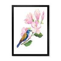 עיצוב 'ציפור כחולה יושבת על מגנוליה ורודה' הדפס אמנות ממוסגר מסורתי