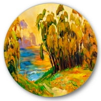עיצוב 'עצים חומים על שפת הנהר במהלך זוהר שווה' אמנות קיר מתכת מעגל מסורתית - דיסק של 23