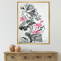 עיצוב אמנות 'ורוד בציר לוטוס פרח ומונוכרום עלים' מסורתי ממוסגר בד קיר אמנות הדפסה