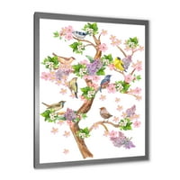 עץ עם ציפורים צבעוניות יושבות על ענפים פורחים ממוסגרים בציור בד הדפס אמנות